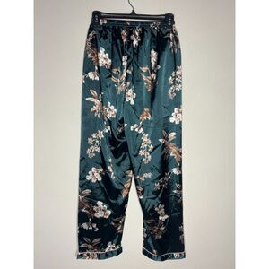 Women’s Floral Satin Pajama Pants Small Green Silky Lounge Sleepwear